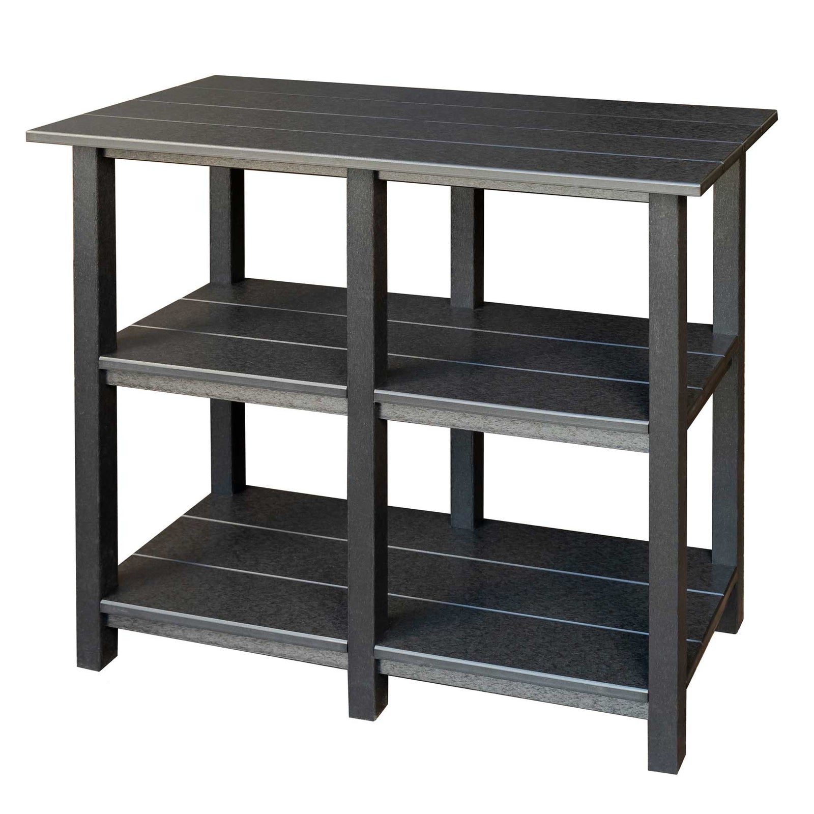 Black poly outdoor buffet console table with two open shelves, holding drink dispensers and games