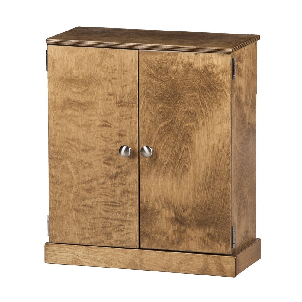 Doll size wooden wardrobe in a golden stain, two figured maple doors with round metal knobs on a plinth base