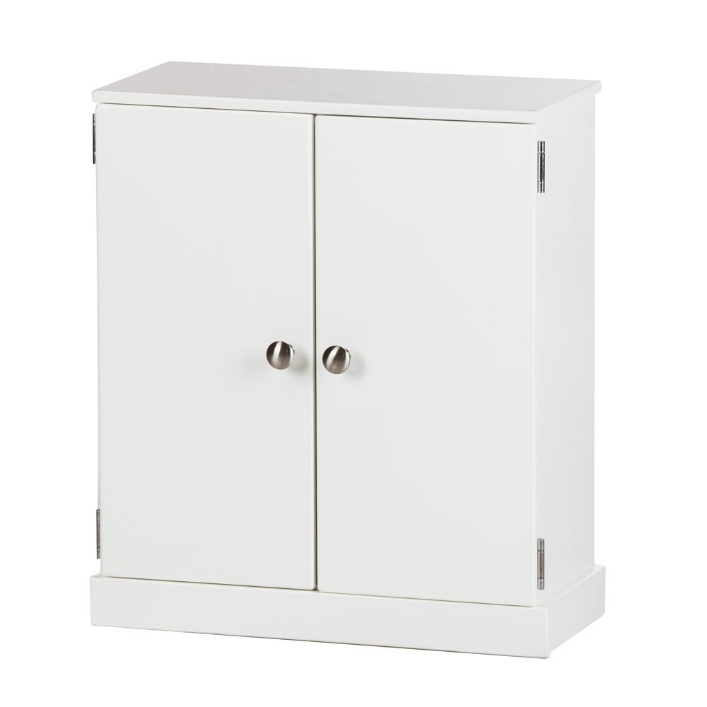 Doll size wooden wardrobe in a golden stain, two figured maple doors with round metal knobs on a plinth base