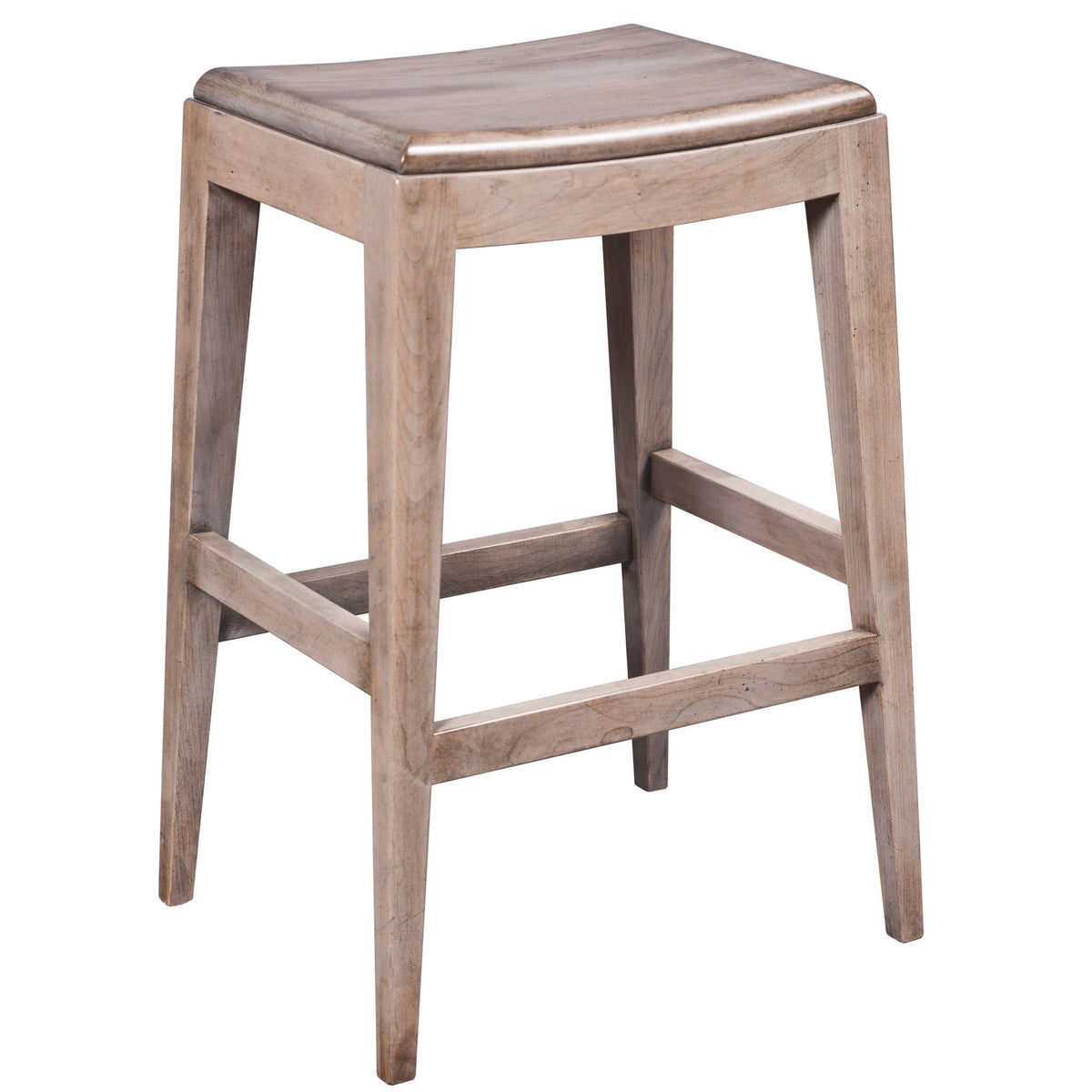 Driftwood gray saddle seat bar stool with a scooped wood seat, tapered legs and stepped foot stretchers