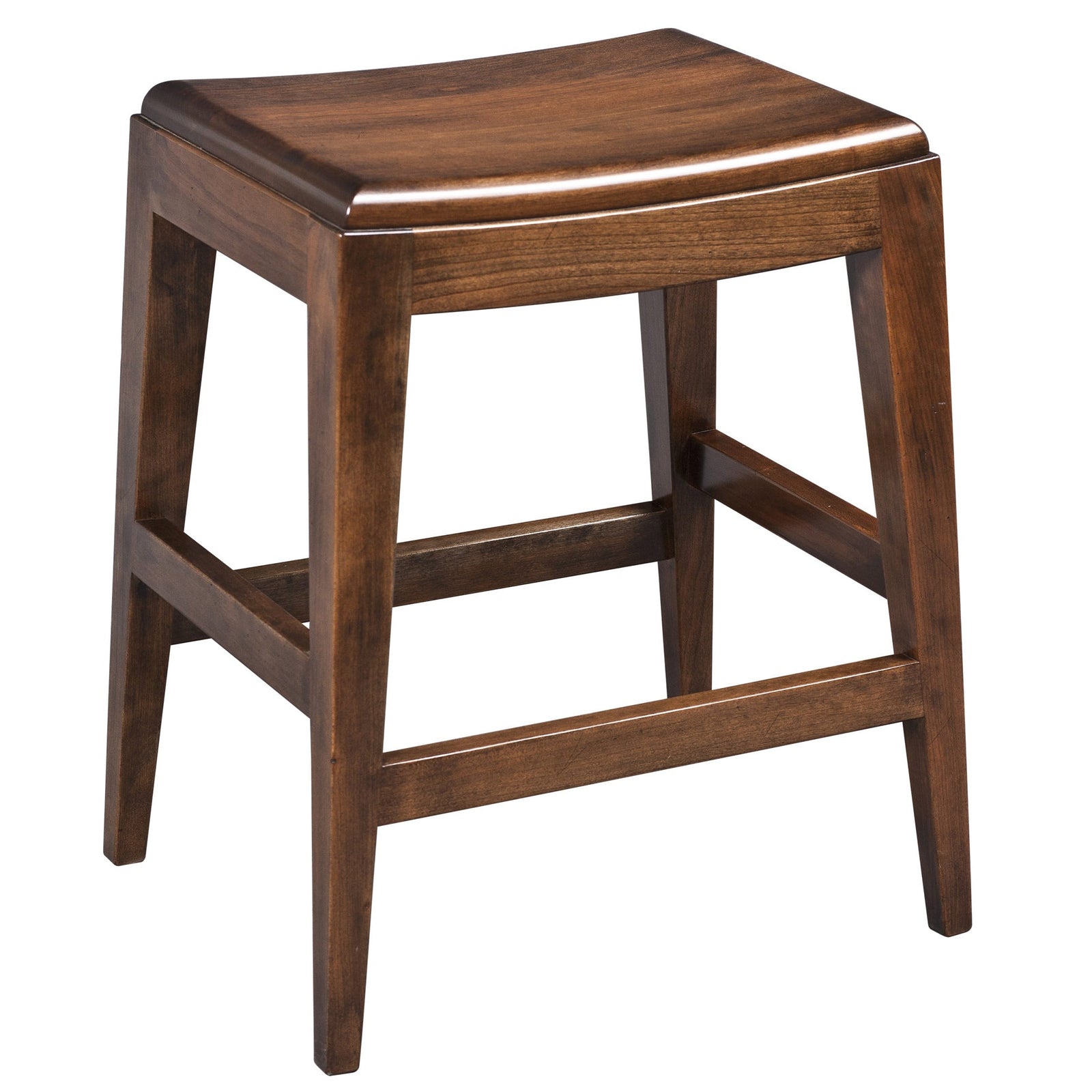 Barcelona counter stool with a dark brown leather saddle seat, brass nailhead trim and gray stained wood legs