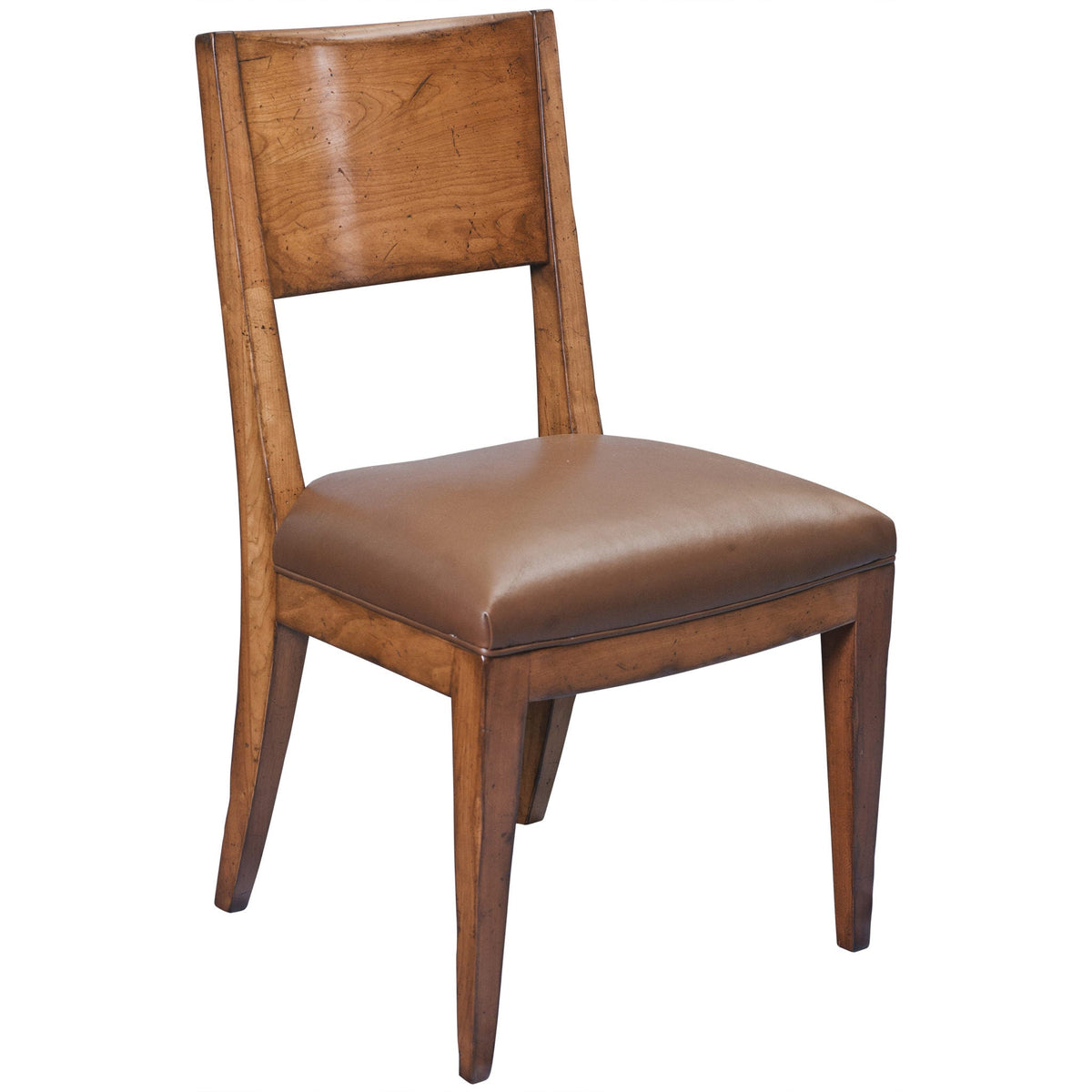 Barkeley dining chair in a distressed honey finish with a solid panel back and a brown leather seat