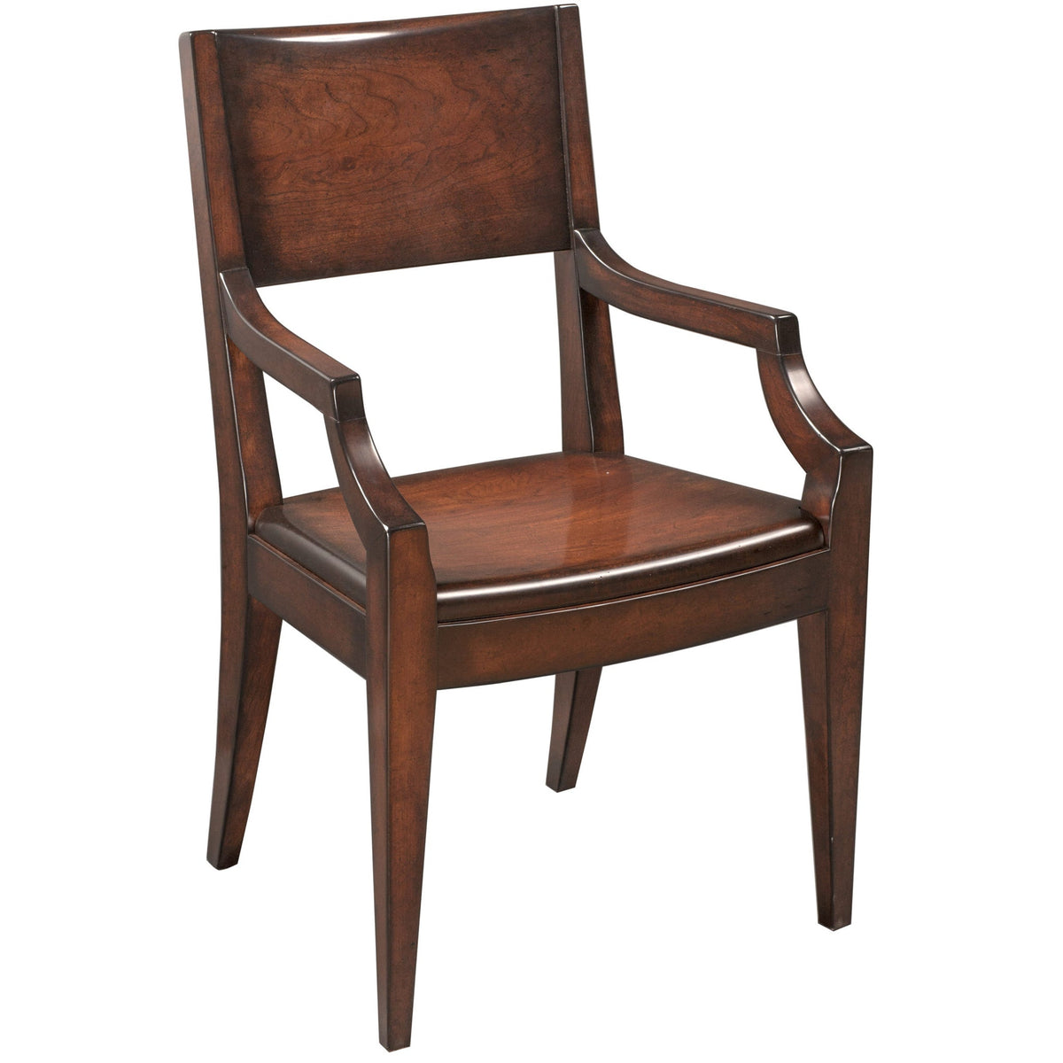 Cherry Barkeley arm chair with a solid wood panel back, sloped arms, saddle seat and tapered legs