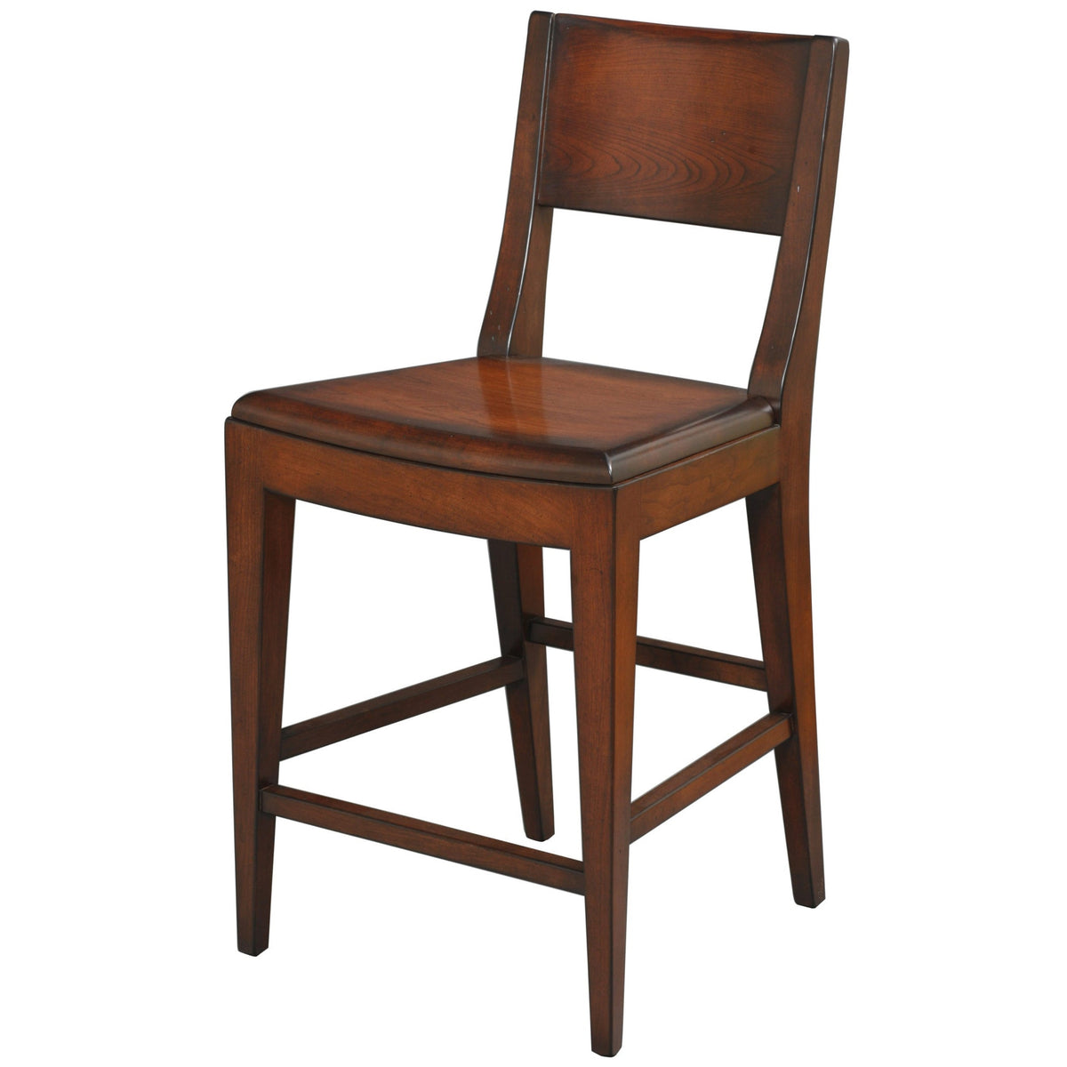 Cherry Barkeley bar chair with a flared panel back, wood seat, tall tapered legs and foot stretchers