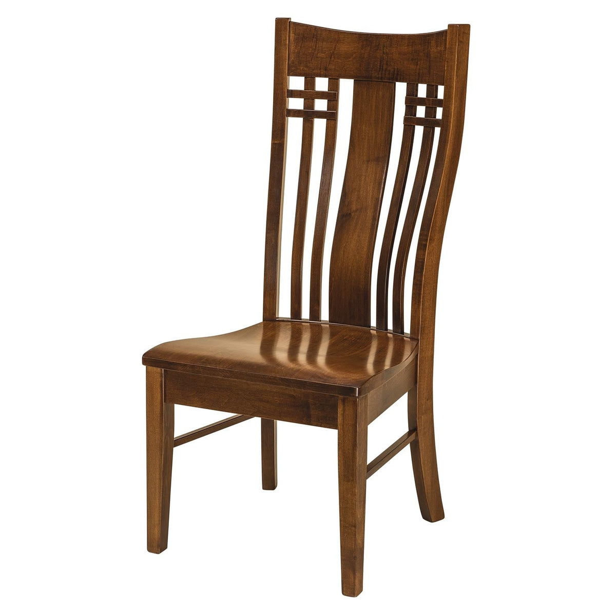 Warm brown maple dining chair with a tall lumbar back, curved slats, grid detailing and a scooped seat