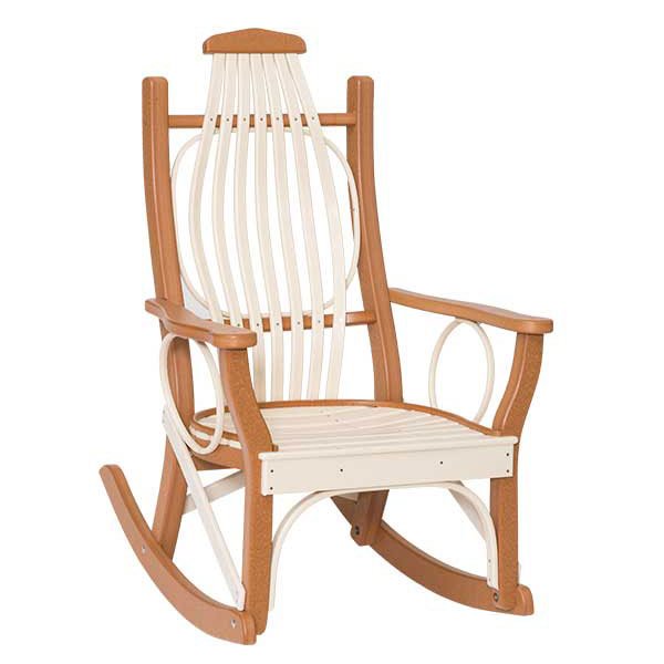 Angled view of the cedar and ivory bentwood poly rocker showing the slat seat and hoop arm rings