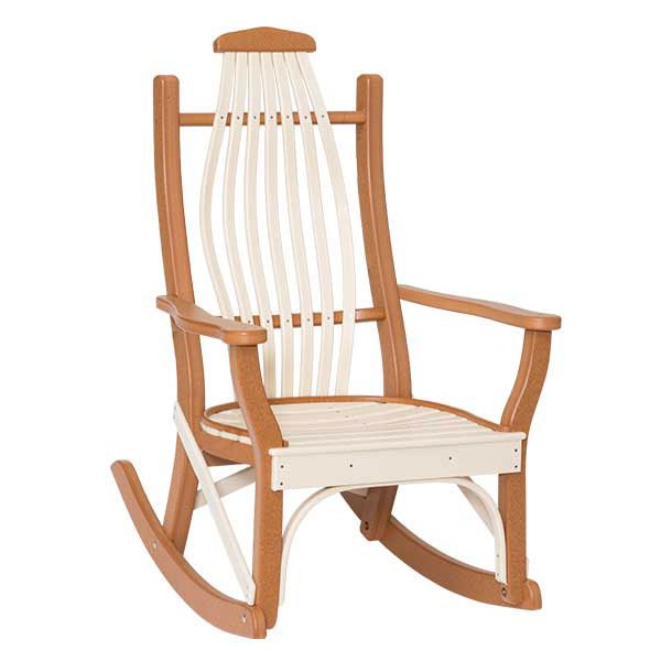 Bentwood poly porch rocker in cedar and ivory with fanned bent spindles, hoop arms and curved rockers