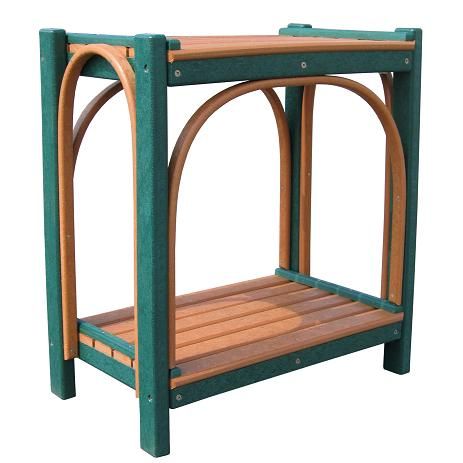 Two shelf poly patio accent table in green and cedar with arched bentwood sides and slatted shelves