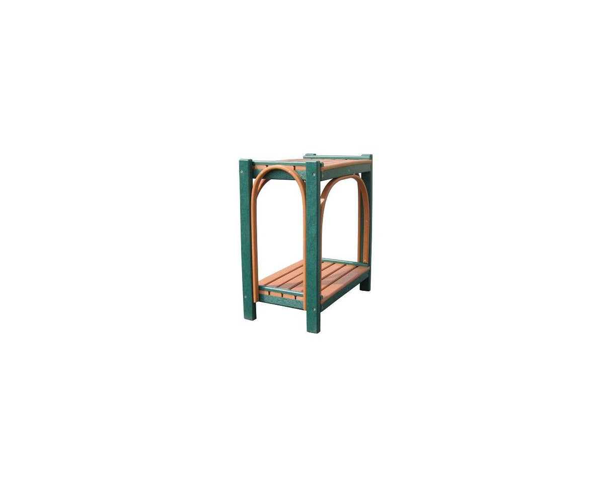 Green and cedar poly side table with an arched bentwood frame and a lower slat shelf, on white