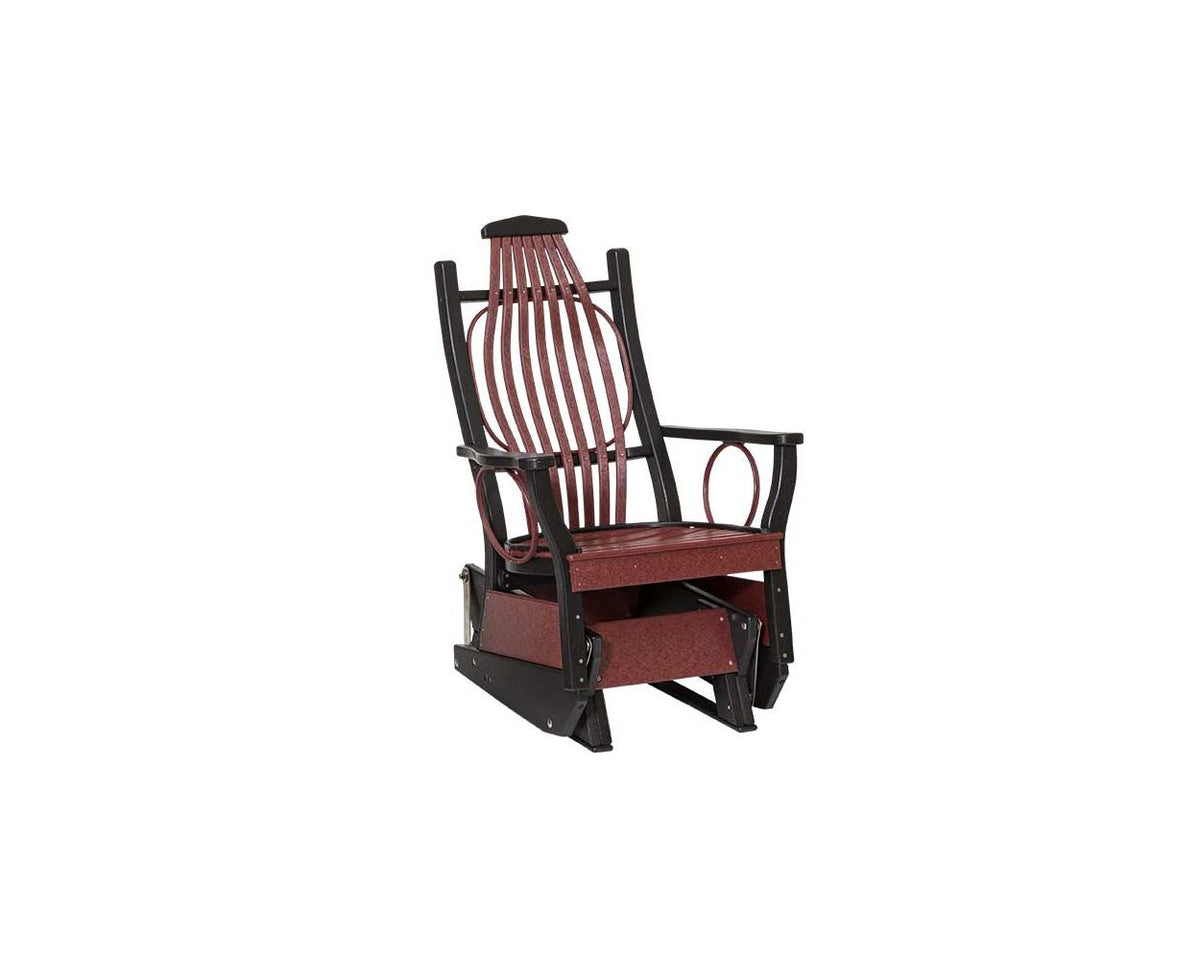 Cherry red and black poly glider chair with bent fan back spindles, hoop arm rings and glider base