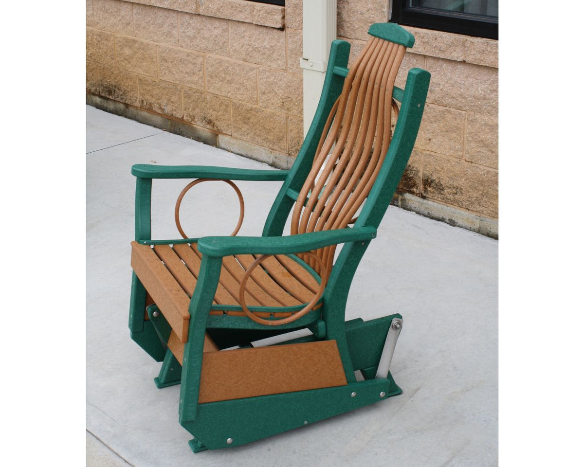 Green and cedar bentwood poly glider chair with fanned back spindles and hoop arms on a concrete patio