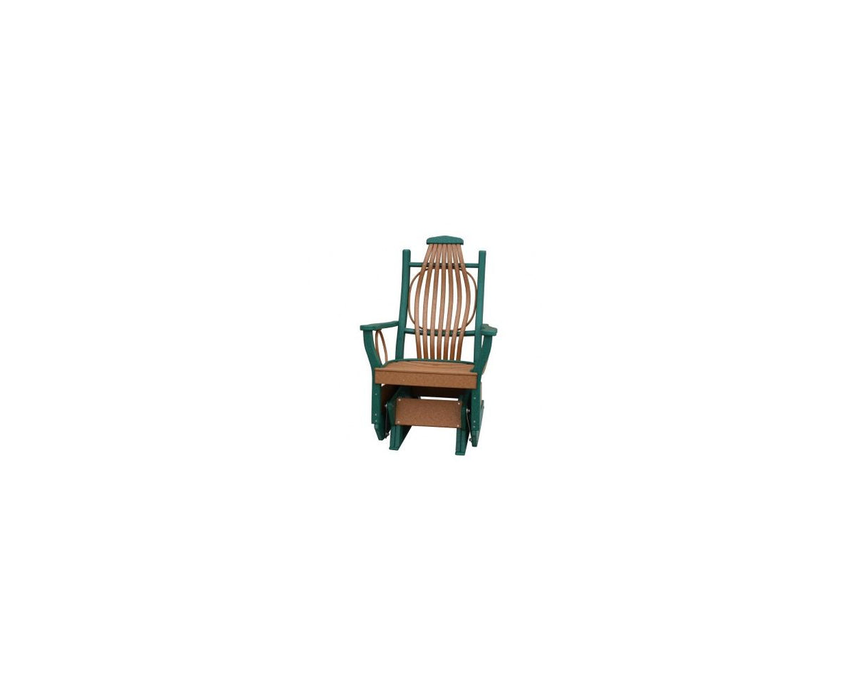 Bentwood style poly glider chair in cedar and green with a gliding base and curved back spindles