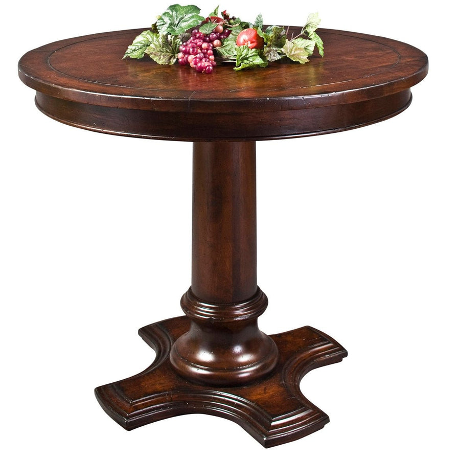 Round bistro pub table in dark cherry with a turned column pedestal and a shaped four point base