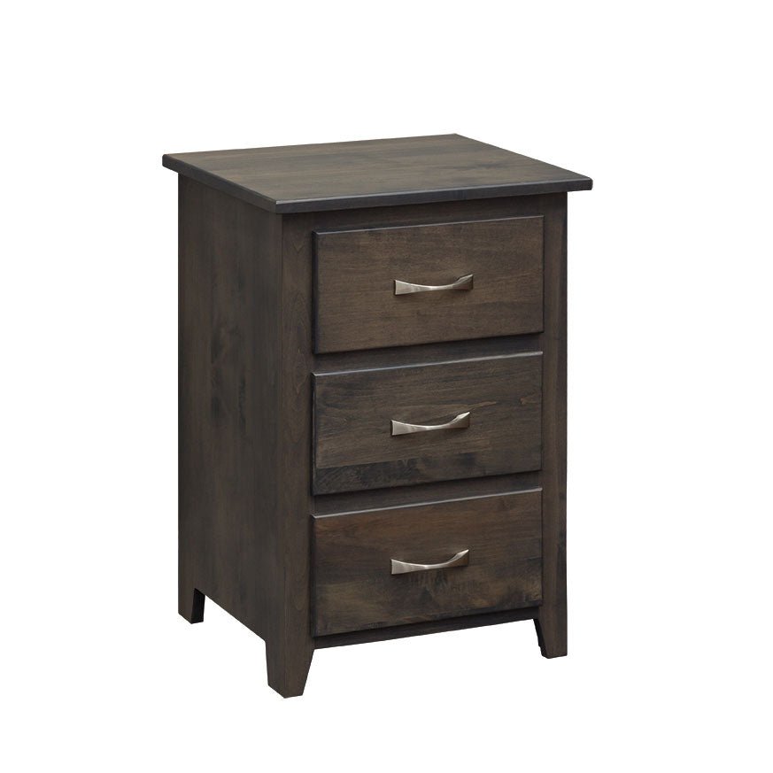 Medford 3-drawer nightstand in charcoal gray stain with brushed nickel bow pulls and tapered legs on a white background
