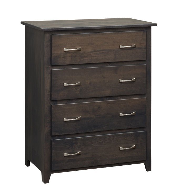 Medford 4-drawer chest of drawers in dark gray stain with wide flat drawer fronts and brushed nickel bow handles