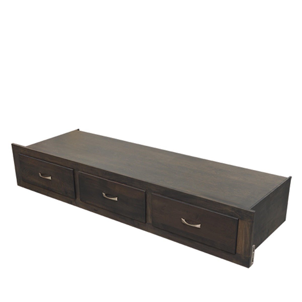 Under bed storage unit with three drawers and brushed nickel pulls in dark gray stain on a white background