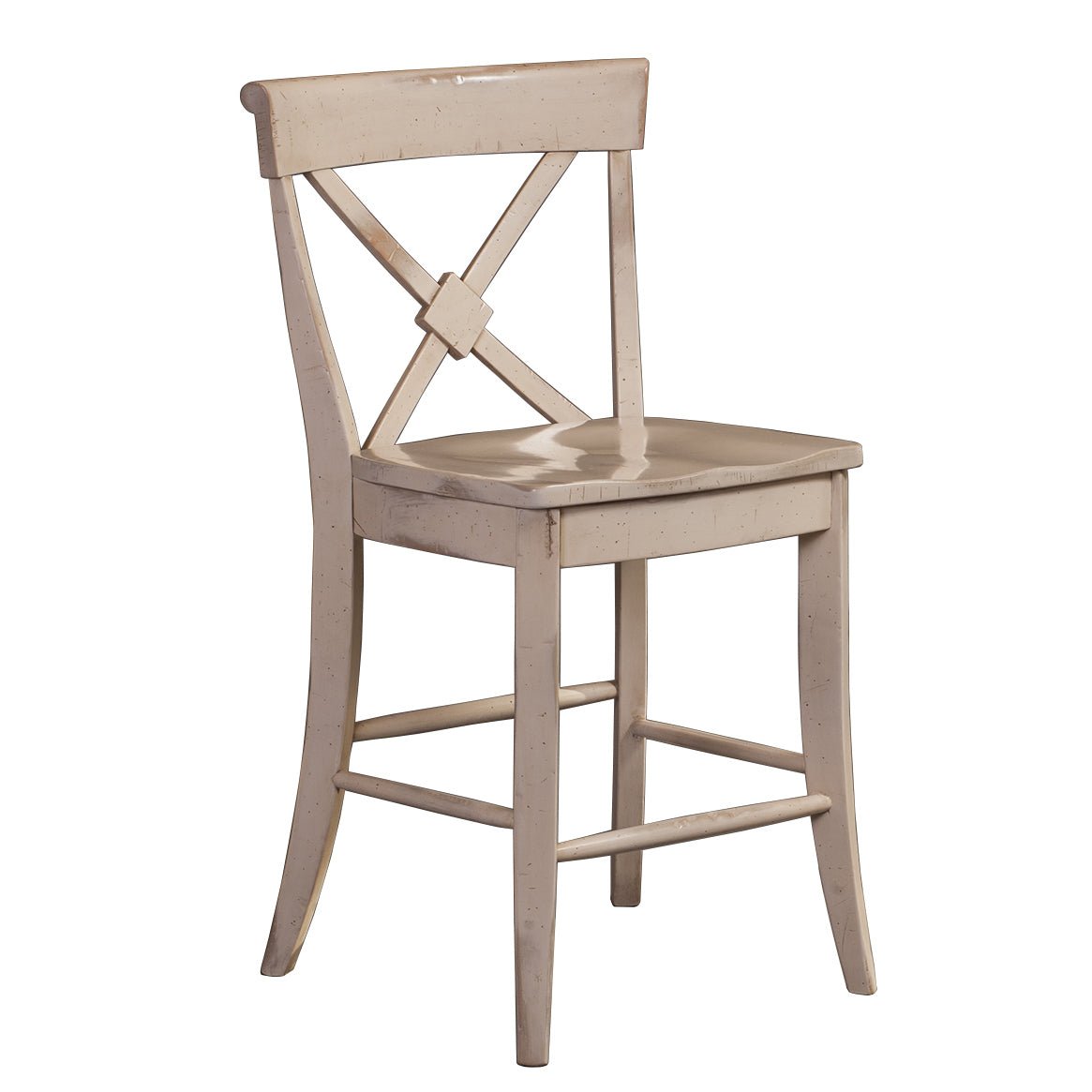Distressed antique white X back bar stool with a scooped wood seat, footrest stretchers and splayed legs