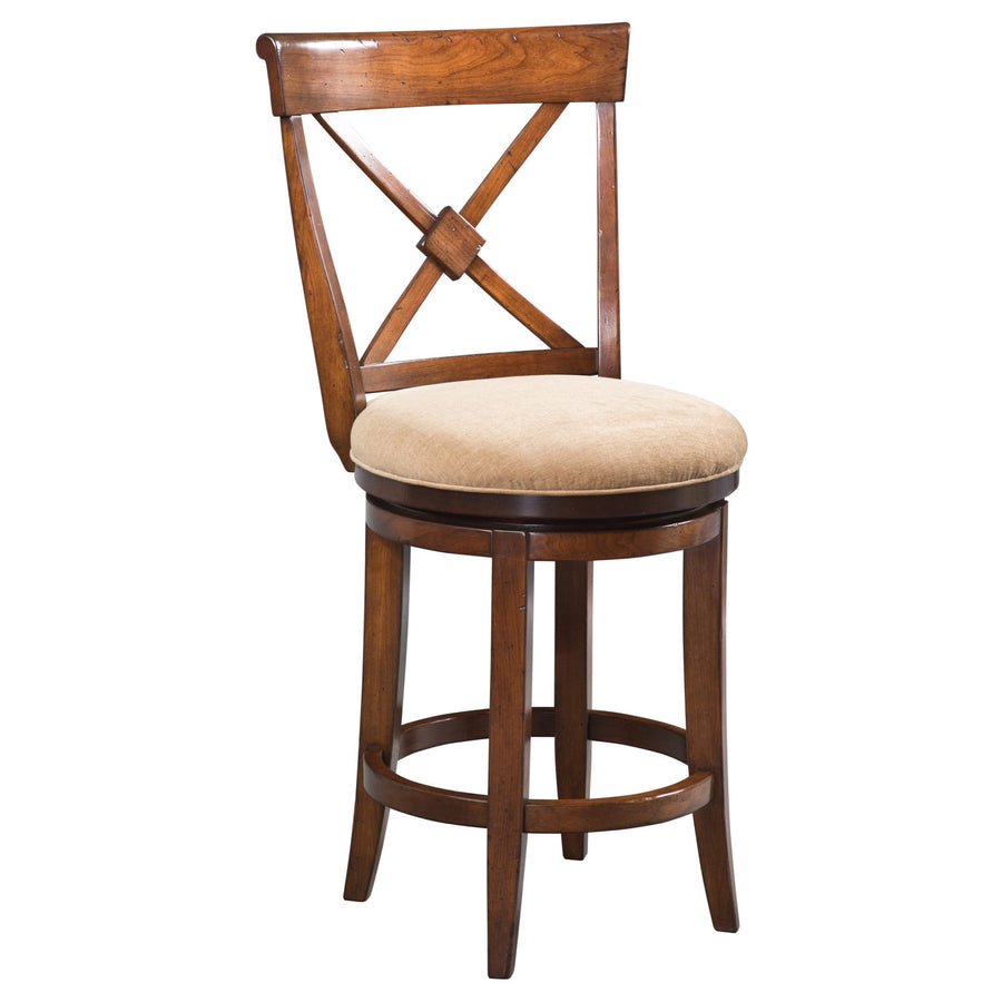 Cherry X back swivel bar stool with a round tan cushioned seat and circular footrest ring on a white background