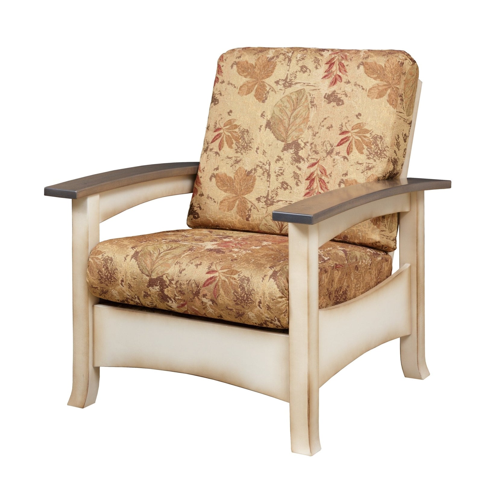 Coastal Morris chair with floral cushions and cream painted frame paired with an ottoman in a beach themed room