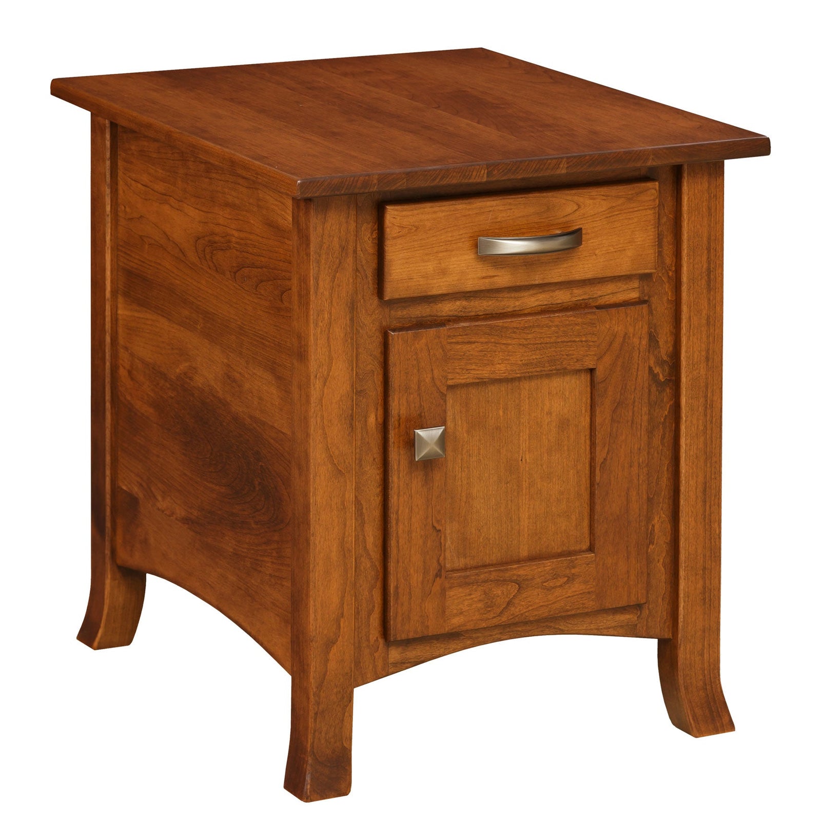 Cream painted enclosed end table with cherry top, one drawer and a cabinet door, styled with a lamp beside a glider