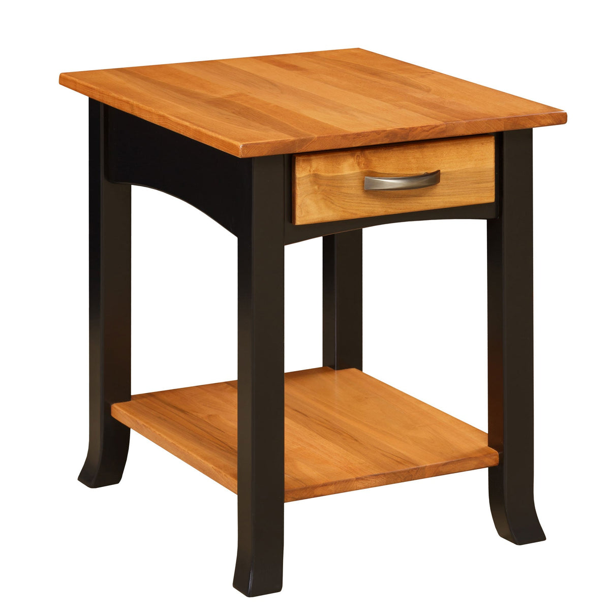 End table with natural maple top and shelf paired with a black painted base, single drawer and flared legs