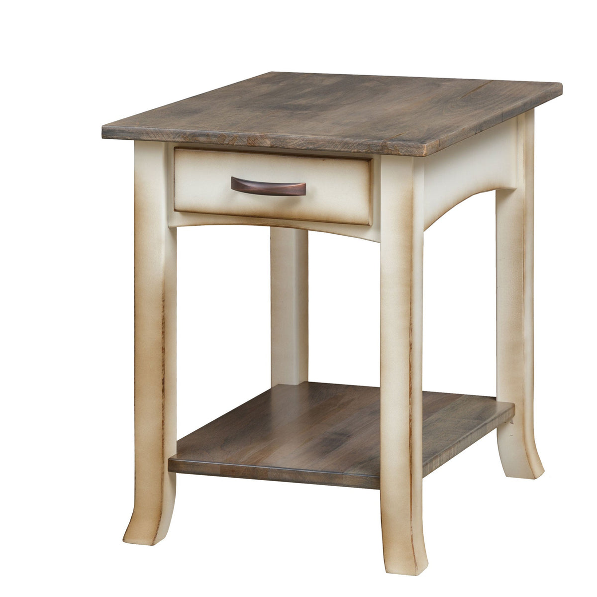 Two-tone end table with gray plank top, distressed cream apron and legs, single drawer and open lower shelf