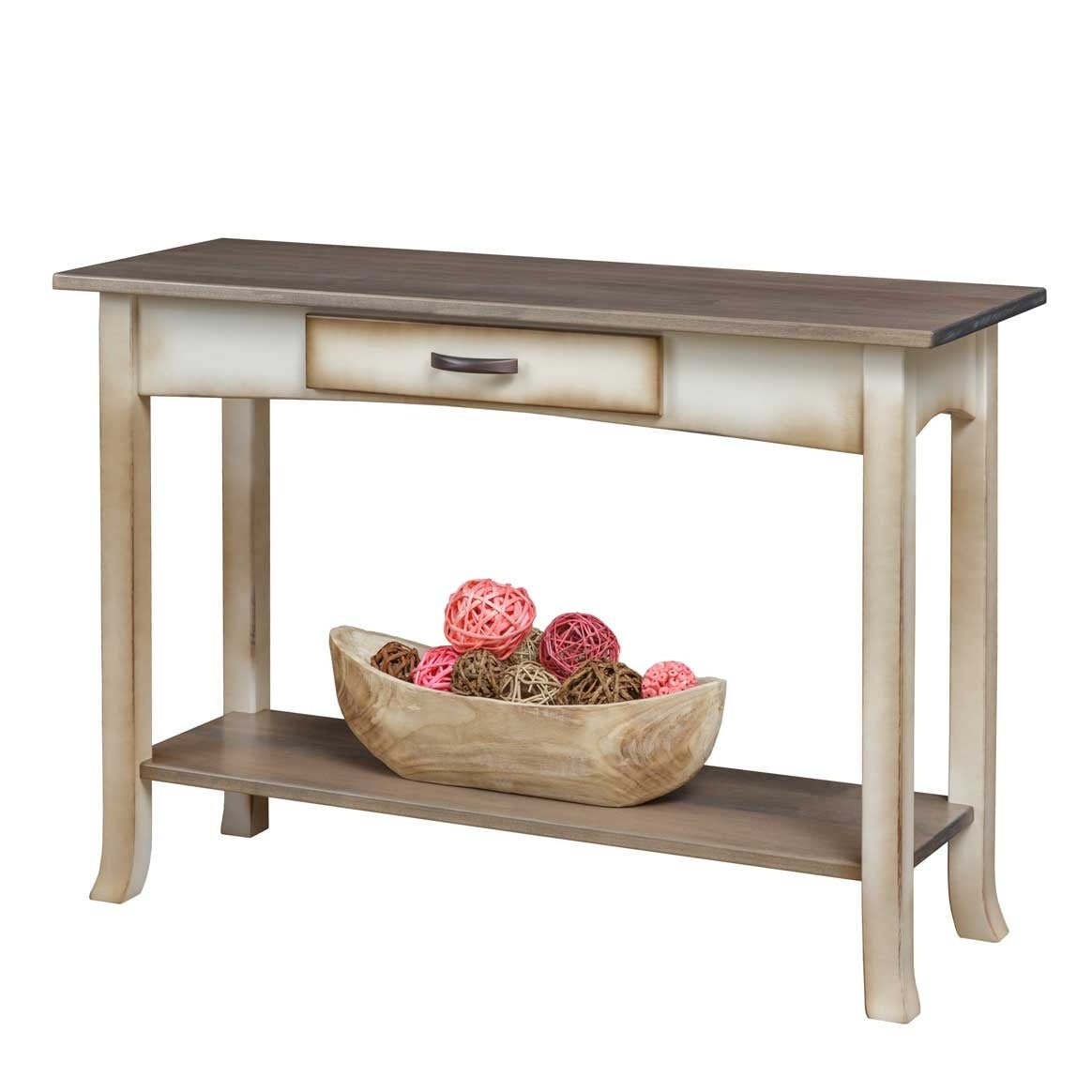 Coastal console table with gray plank top, cream painted apron, single drawer and lower shelf on white