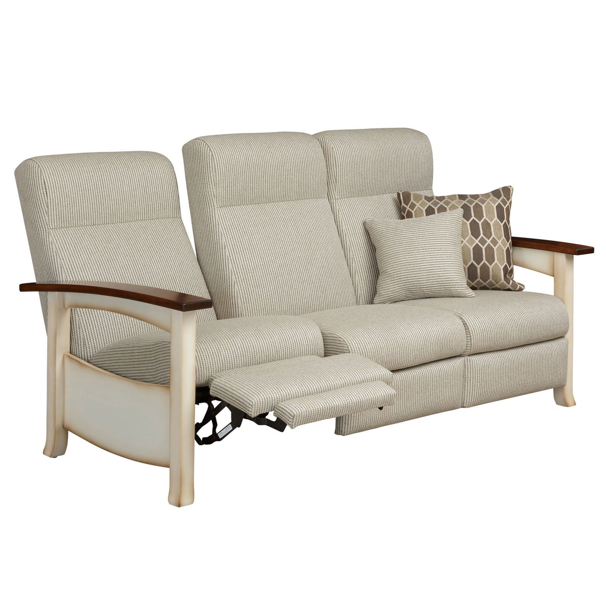 Reclining sofa with one seat reclined and another back tilted, beige fabric and cream painted wood frame