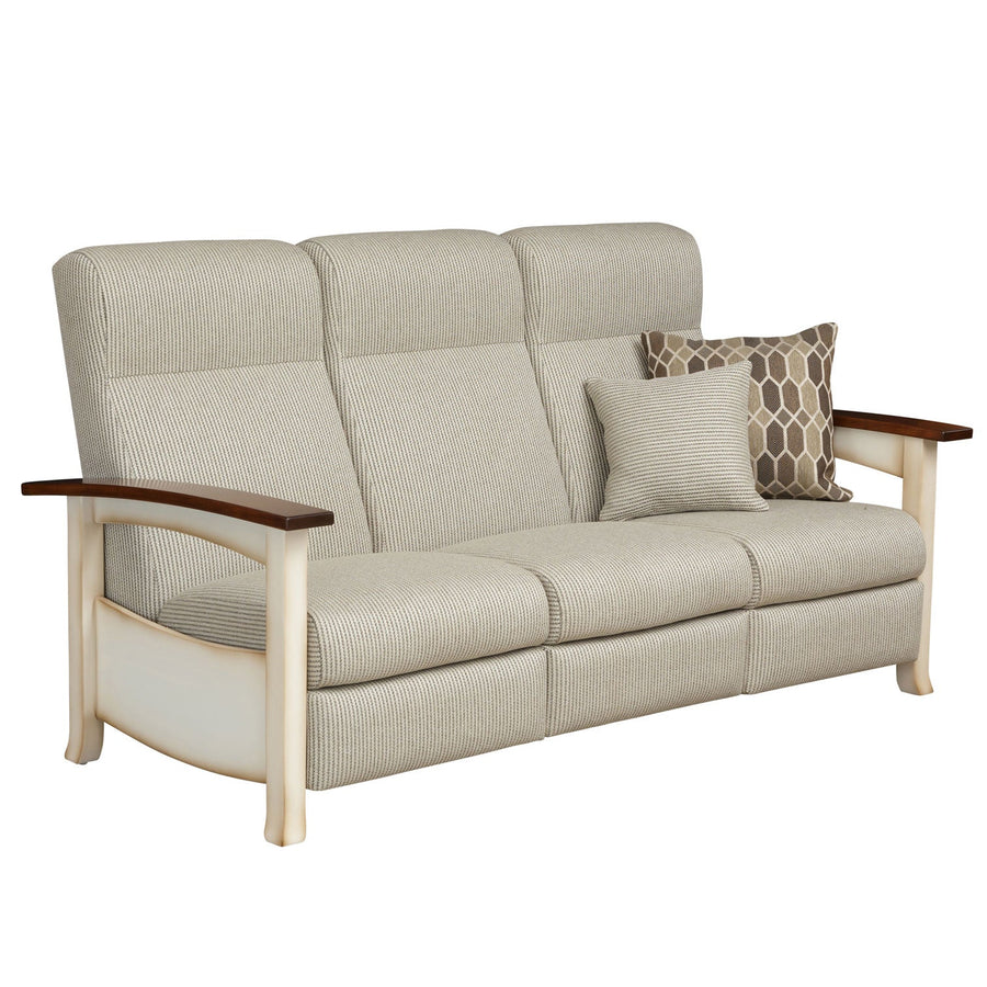 Three seat wood frame reclining sofa with beige upholstery, cream painted frame and walnut topped arms