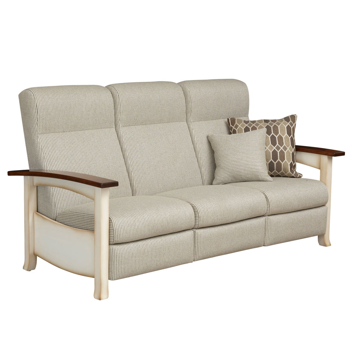 Three seat wood frame reclining sofa with beige upholstery, cream painted frame and walnut topped arms