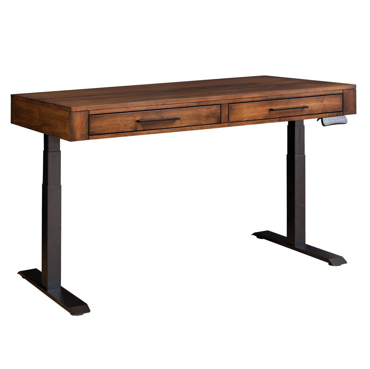 Modern sit-stand desk with a rich brown wood case, two drawers, black bar pulls and powered black lift base on white