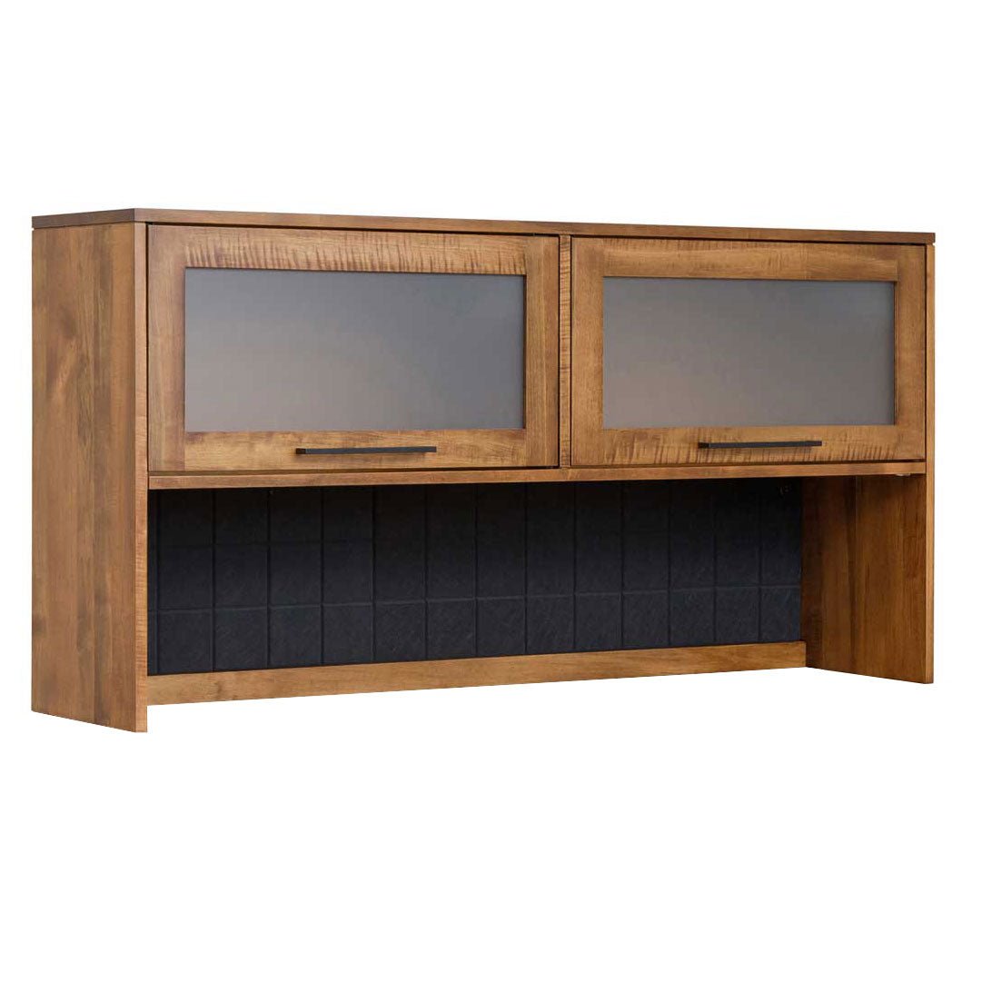 Desk hutch top in golden birch with two frosted glass lift-up doors, black pulls and a dark upholstered back panel