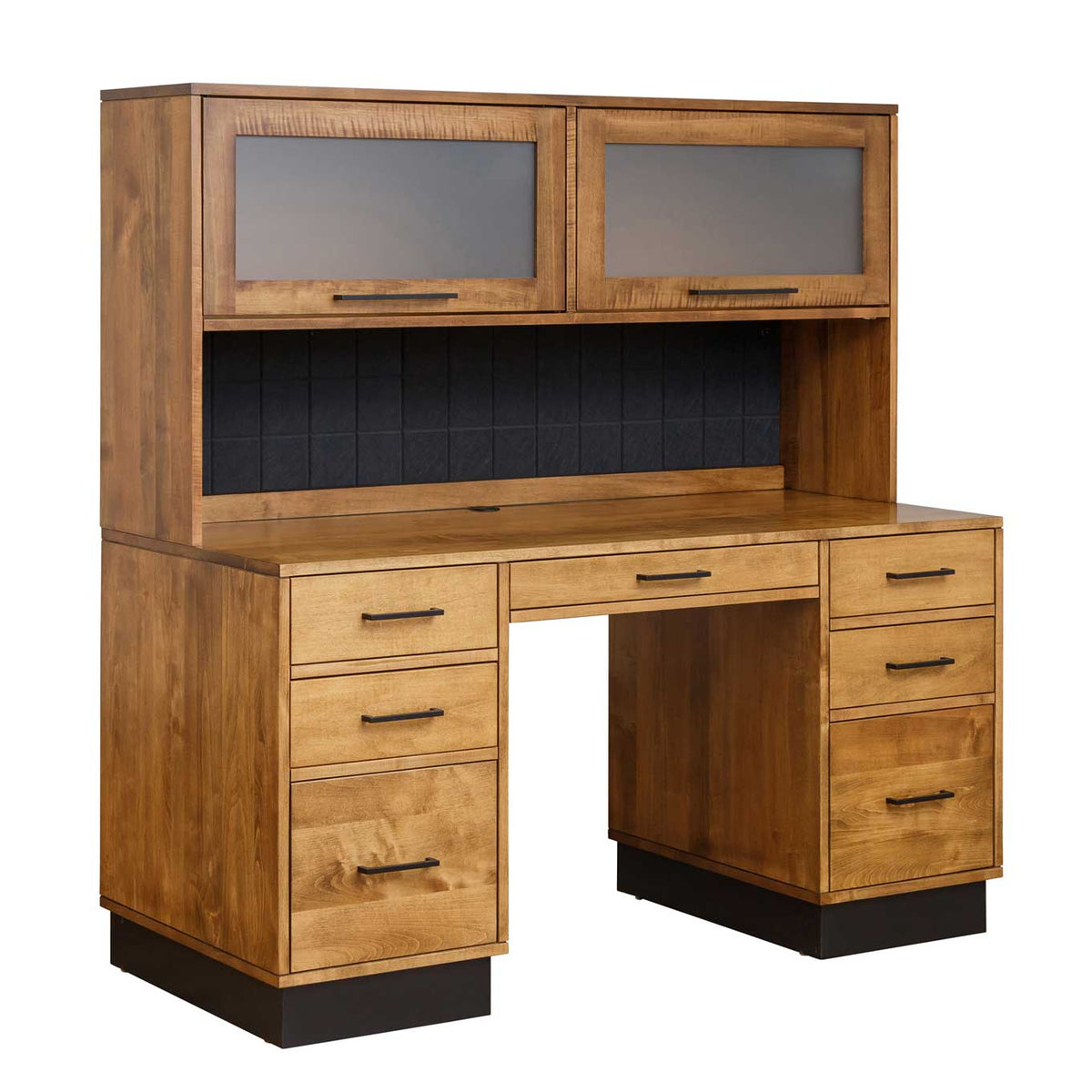 Kneehole desk with matching hutch top, frosted glass doors, seven drawers and black plinth base on a white background