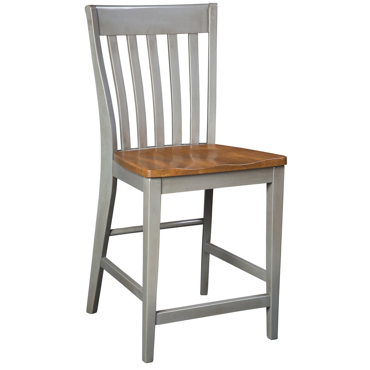 Gray finished slat back bar stool with a contoured honey oak seat, straight legs and side footrest stretchers