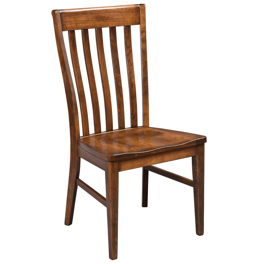 Brown maple slat back dining side chair with a scooped solid wood seat, curved crest rail and side stretchers
