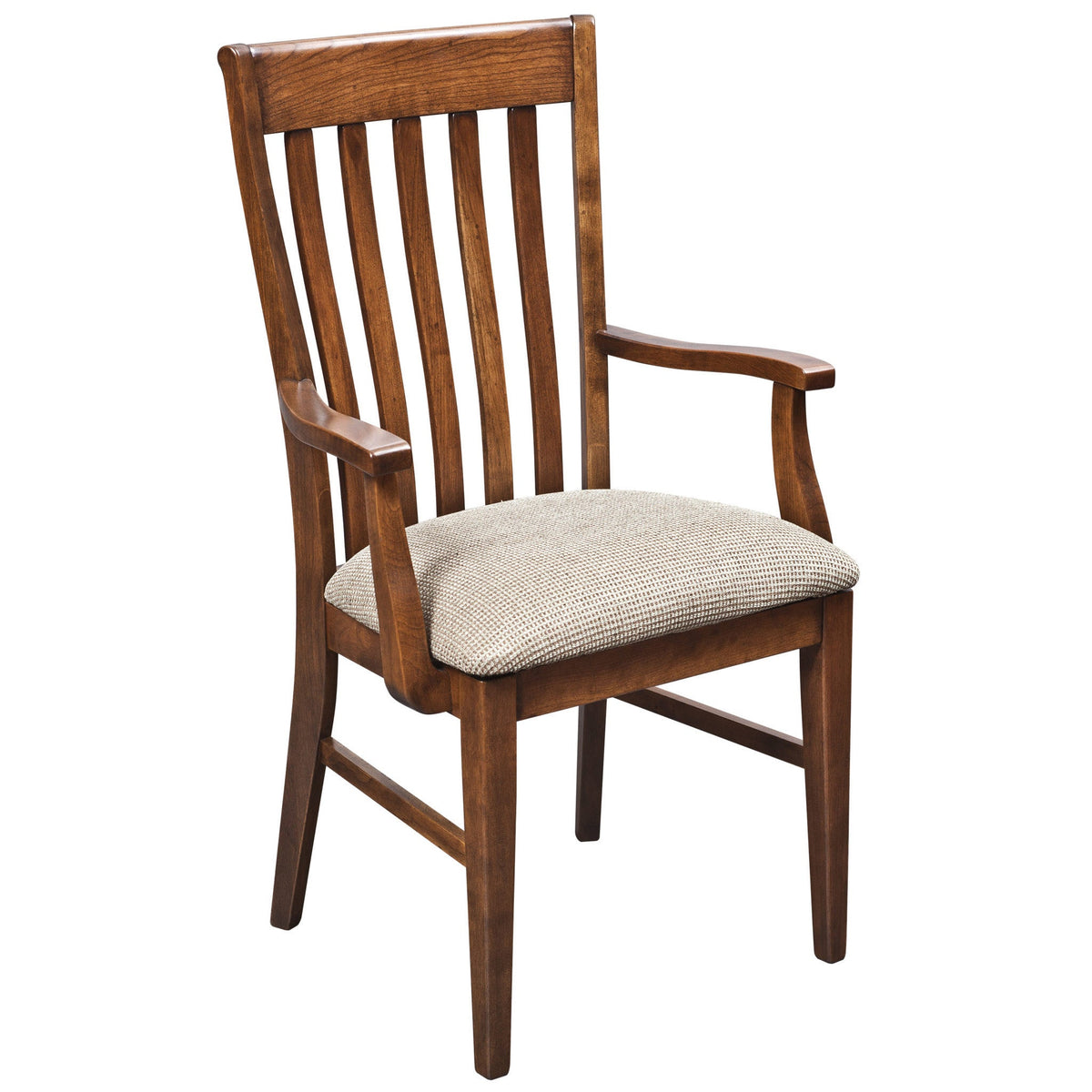 Lumbar slat back arm chair in walnut brown with a beige textured upholstered seat and gently sloped arms