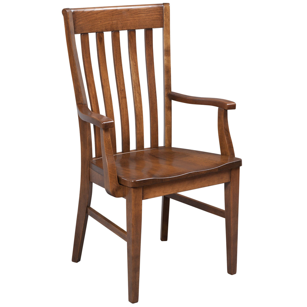 Slat back dining arm chair in a medium brown finish with shaped open arms and a contoured wood saddle seat