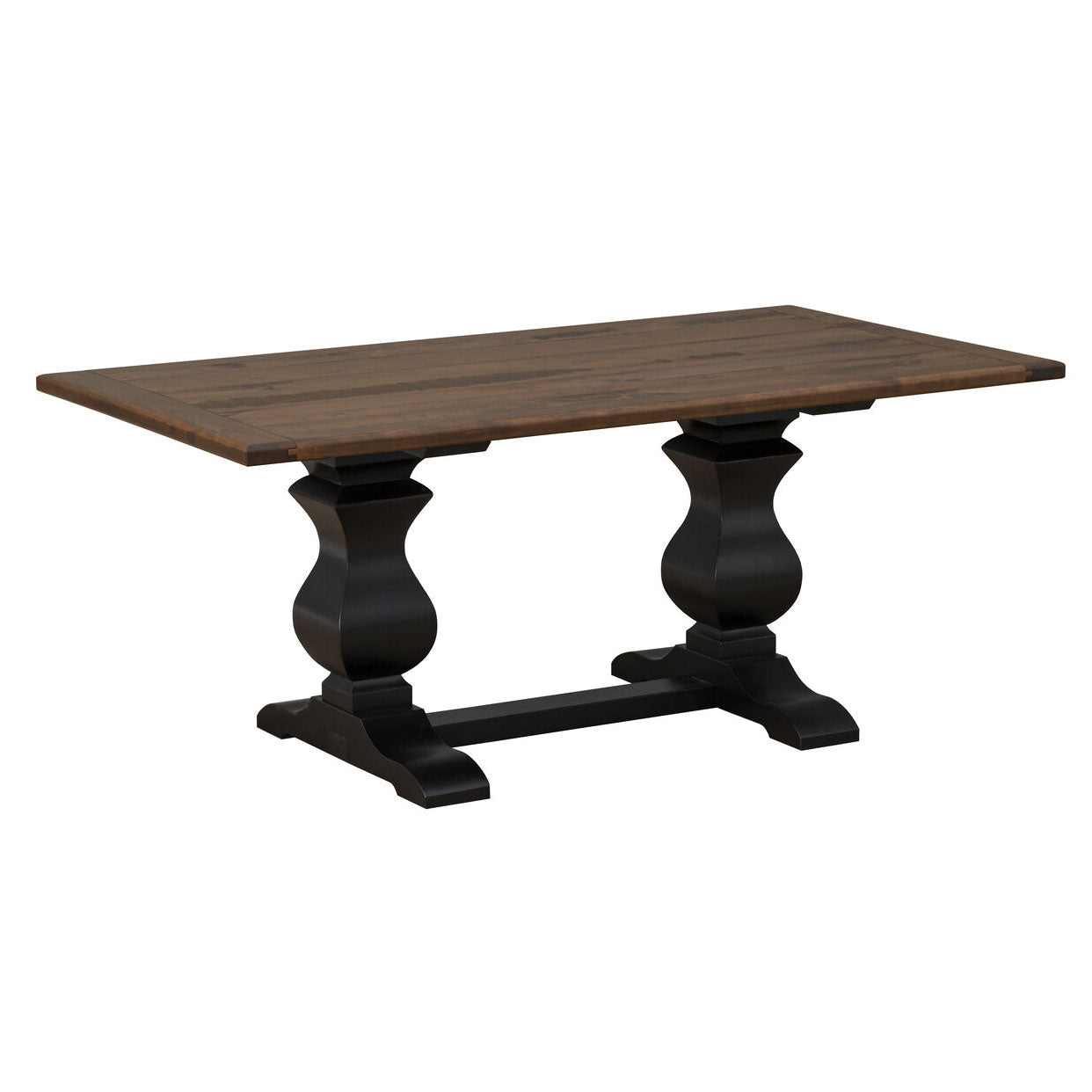 Trestle dining set with a weathered gray top, black bases, plank bench and two linen upholstered side chairs