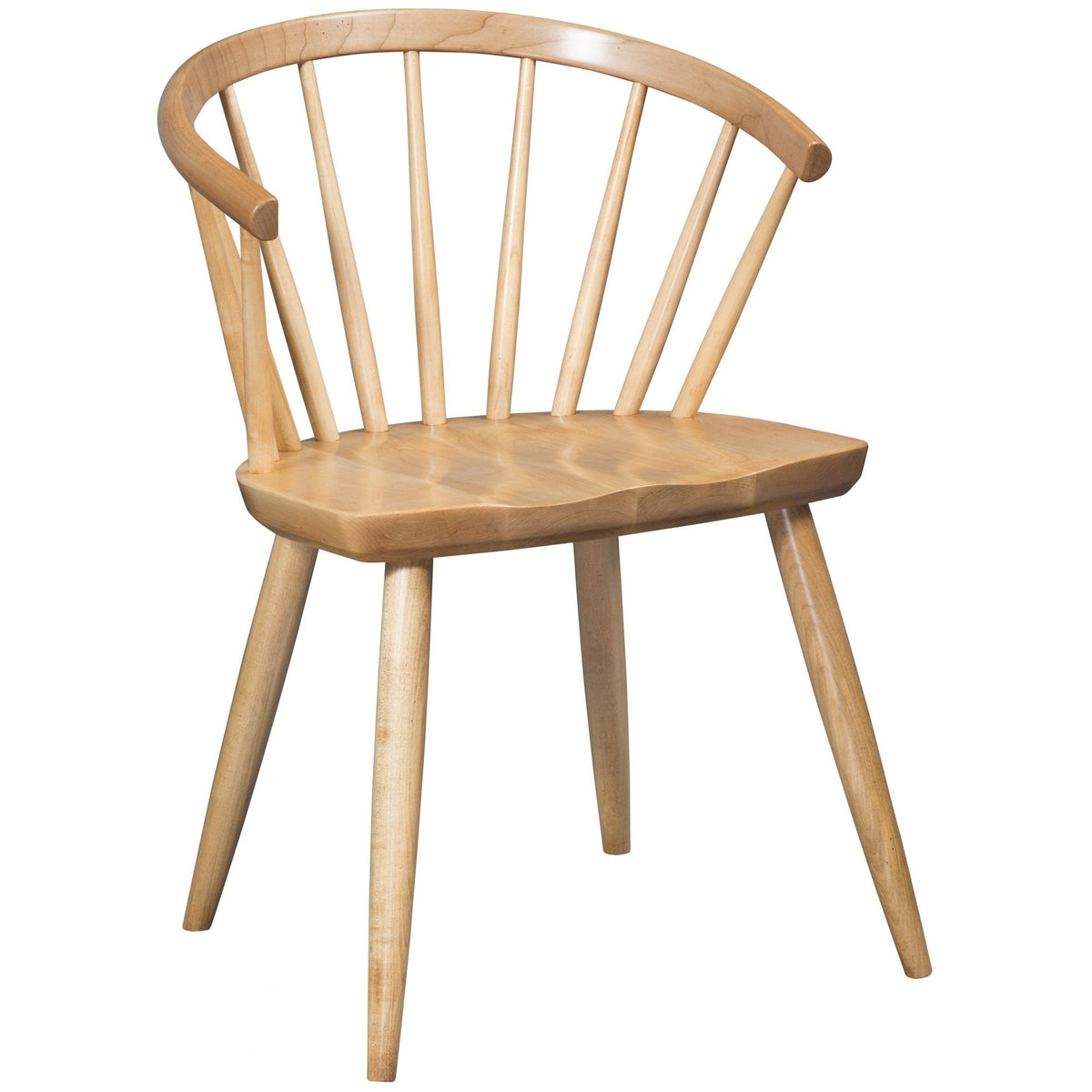 Natural maple mid century dining chair with a bent spindle back, sculpted seat and angled round tapered legs