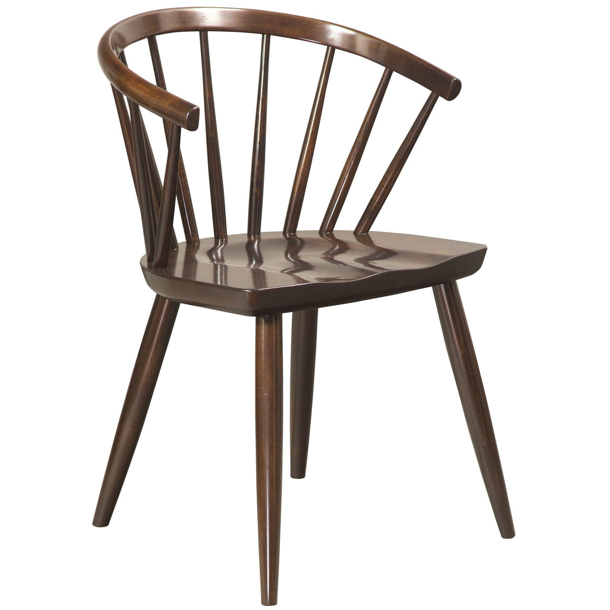 Dark walnut mid century dining chair with a curved spindle back, saddle wood seat and splayed round tapered legs