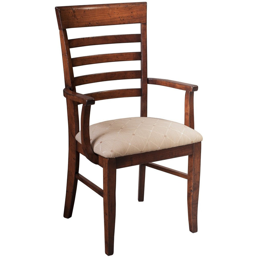 Cherry ladder back dining arm chair with four curved slats, shaped arms and a cream patterned upholstered seat