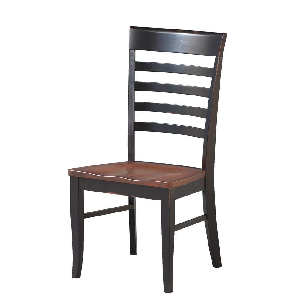 Two tone ladder back dining chair with a black painted frame and a warm cherry stained solid wood seat