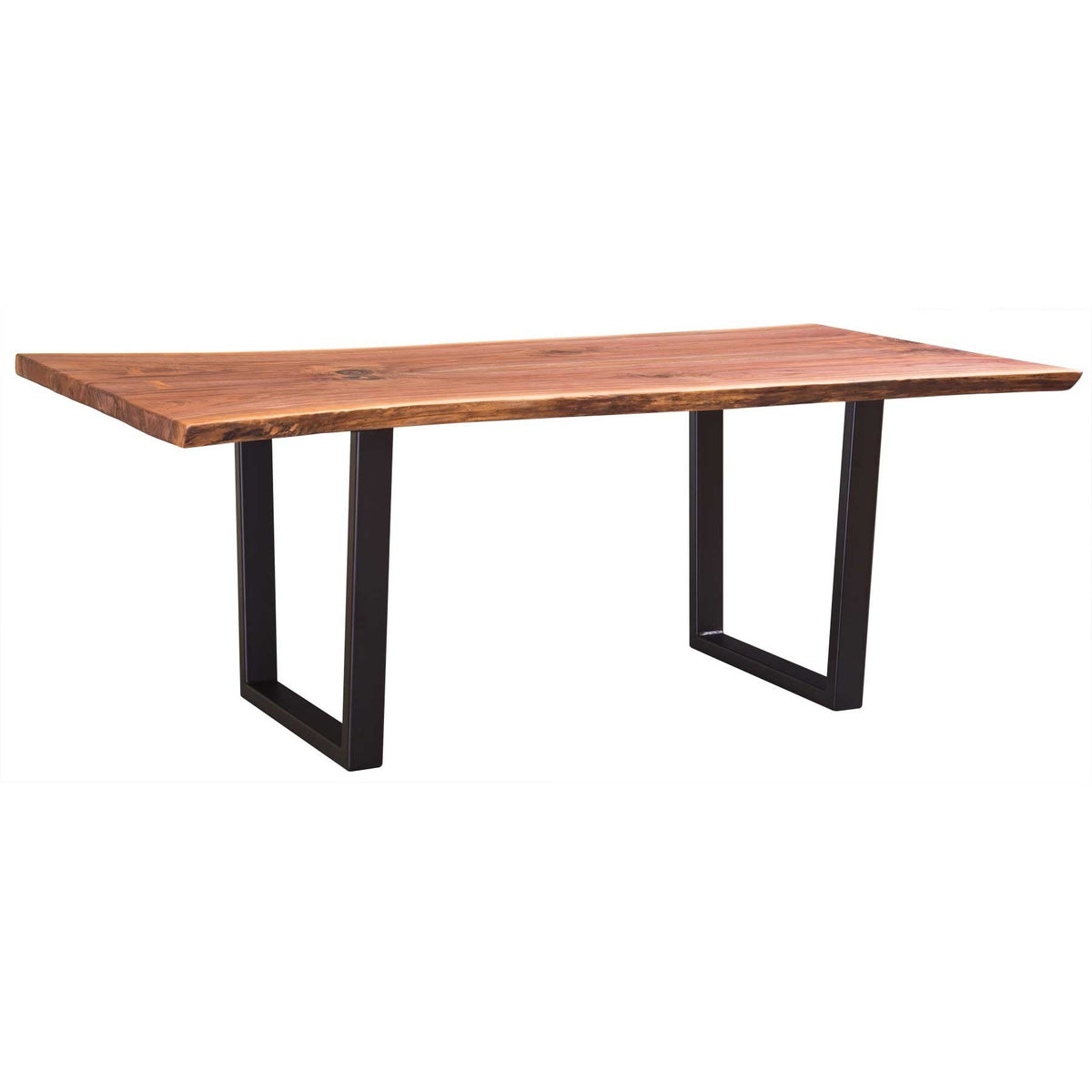 Natural live edge slab dining table with wavy edges, rich grain and matte black rectangular metal base