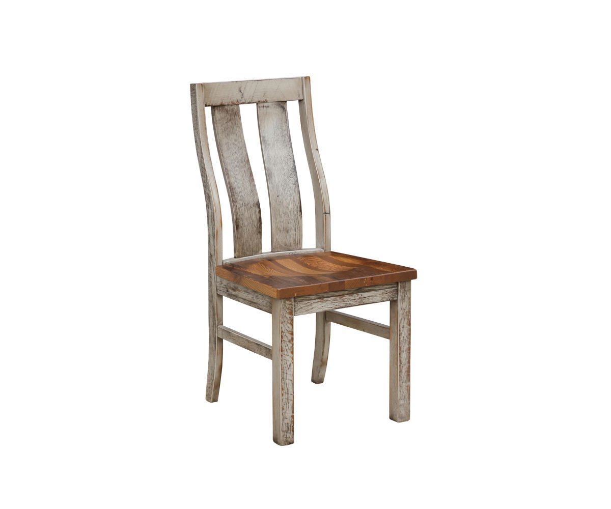 Whitewashed dining chair with curved slat back, stained seat and rough sawn legs on a white background