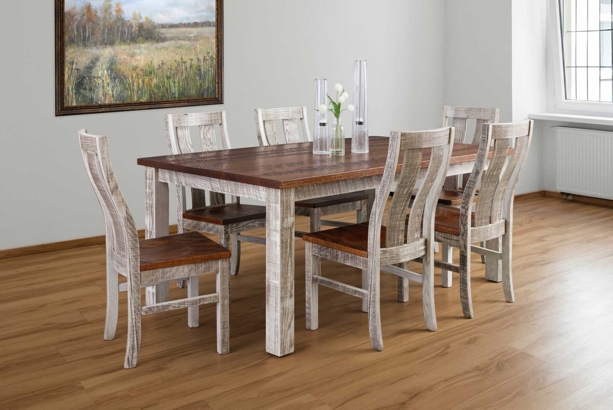 Two tone farm dining set with a stained table top, whitewashed legs and six curved slat back chairs