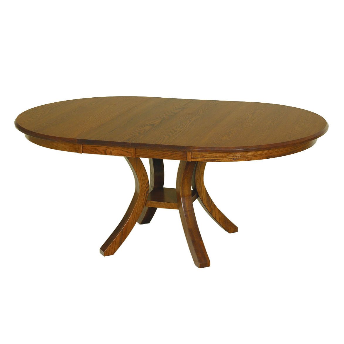 Oval oak dining table extended with two leaves, curved splayed pedestal base and shelf stretcher on white