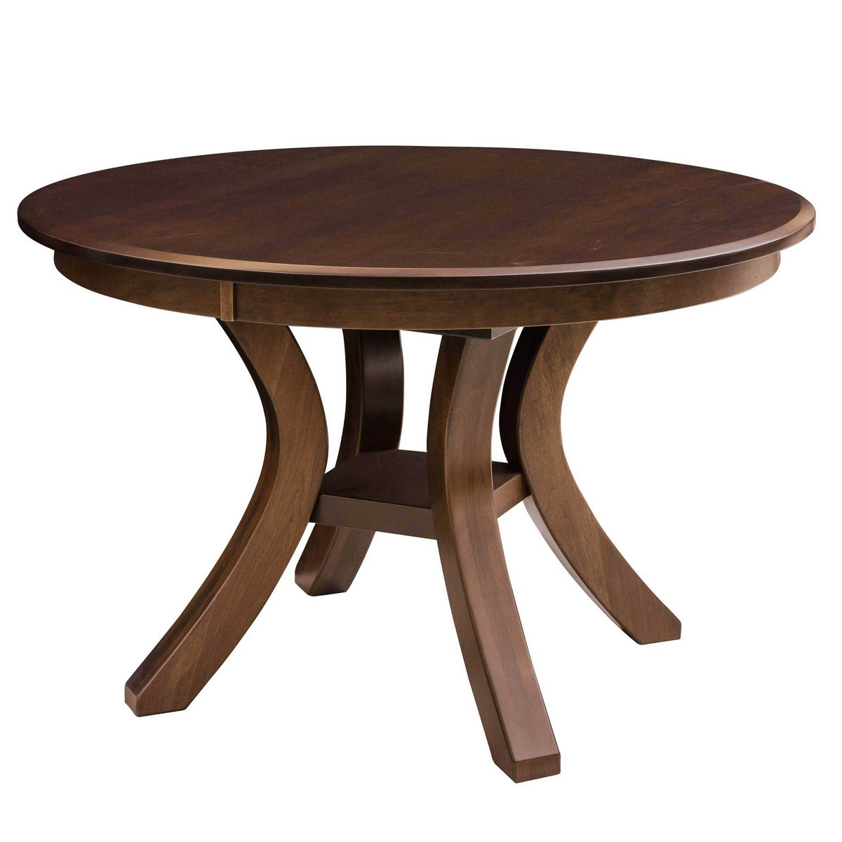 Round brown maple dining table with a beveled edge top and curved four-post pedestal base with center shelf