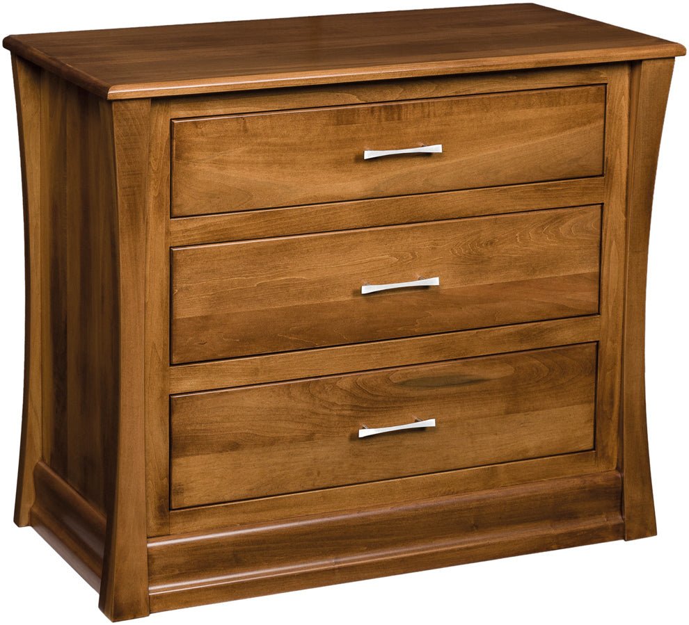 Three drawer changer chest in warm maple with curved side panels and brushed nickel bar pulls