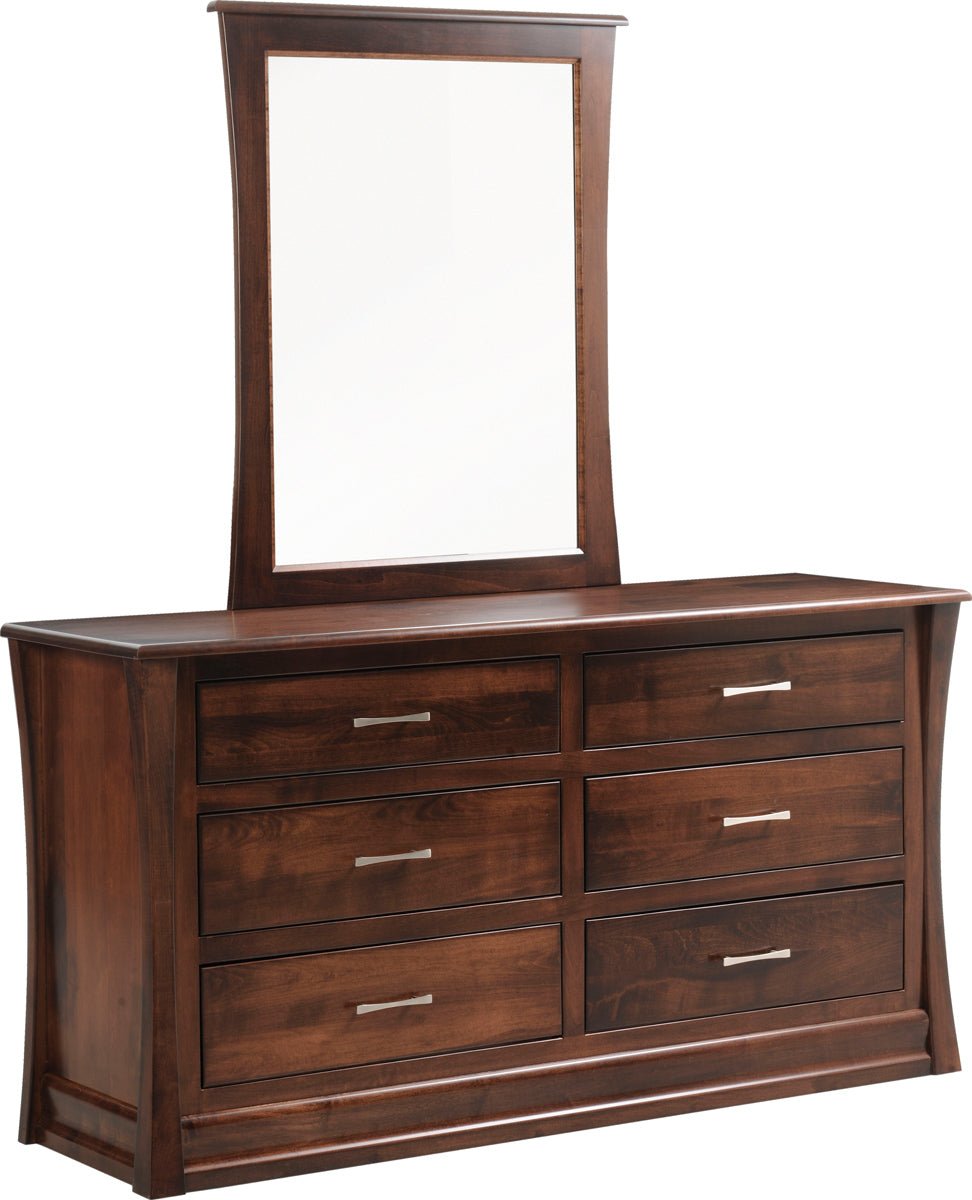 Six drawer dresser with matching arched mirror in a dark cherry finish and nickel bar handles