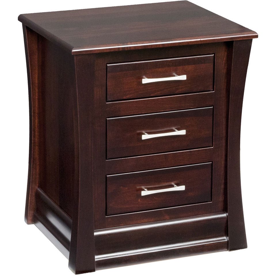 Three drawer nightstand in a dark espresso finish with curved sides, nickel bar pulls and molded base
